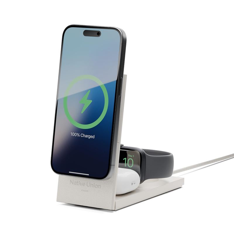 Statie de incarcare 3 in 1 Native Union Rise International, Compatibila MagSafe, Putere 15W, Cablu USB-C 2m si incarcator retea 35W incluse, Gri (Incarcatoare, RS-3IN1-SAN-INT) by www.silkase.ro